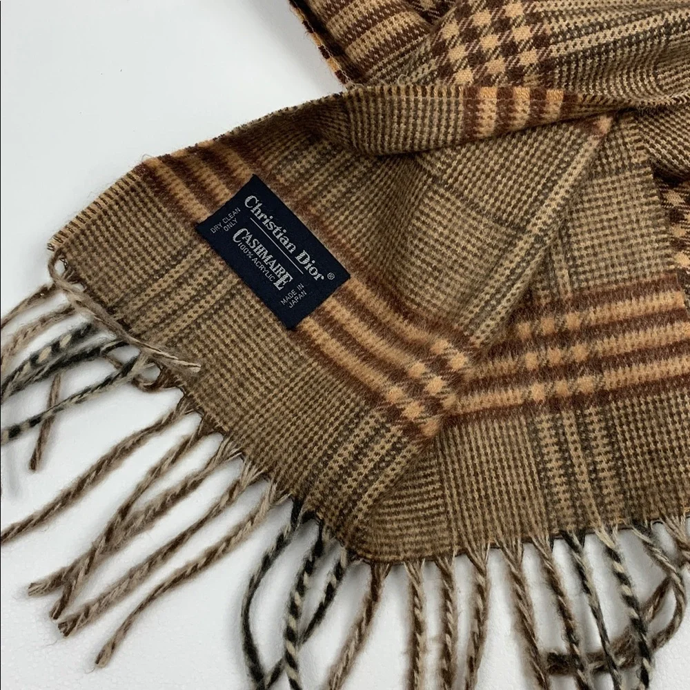 Vintage Christian Dior Tan and Brown plaid stripe Scarf Cashmaire Acrylic Japan